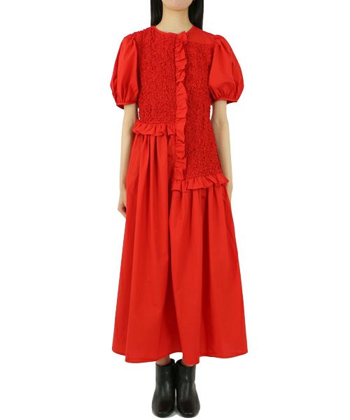 ＜CECILIE BAHNSEN＞GOWN WITH SMOCKED PANELS AND RUFFLES(POPPY RED)