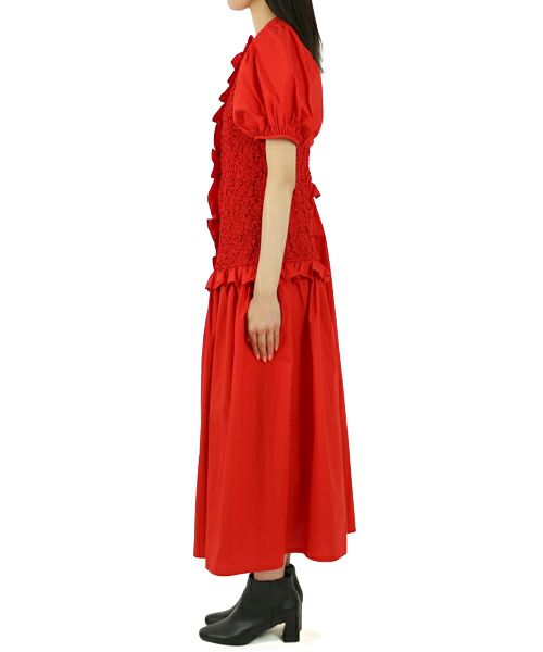 CECILIE BAHNSEN＞GOWN WITH SMOCKED PANELS AND RUFFLES(POPPY RED) | MAKES  ONLINE STORE