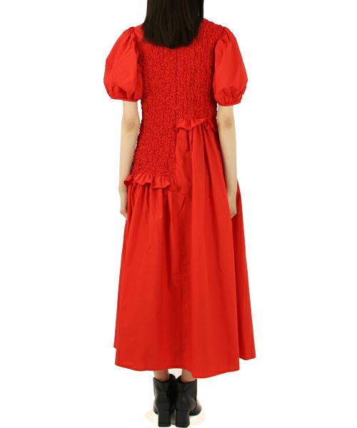 CECILIE BAHNSEN＞GOWN WITH SMOCKED PANELS AND RUFFLES(POPPY RED) | MAKES  ONLINE STORE