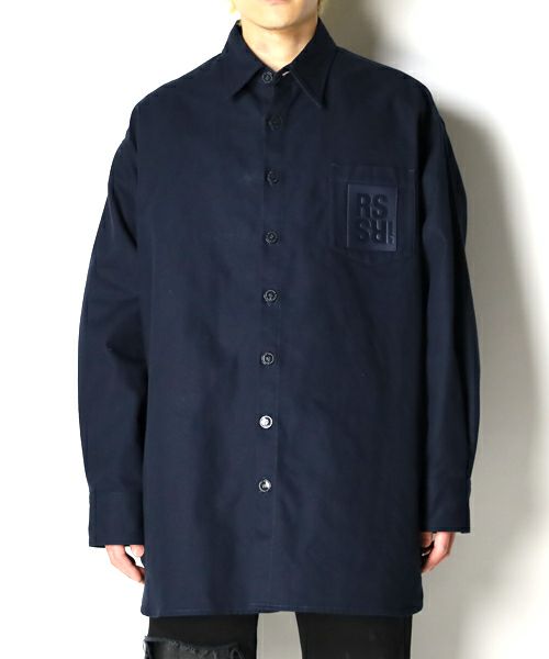 ＜RAF SIMONS＞Oversized denim shirt with leather patch