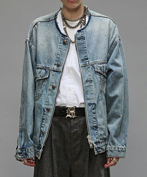 ＜R13＞COLLARLESS ZIP-UP TRUCKER JACKET