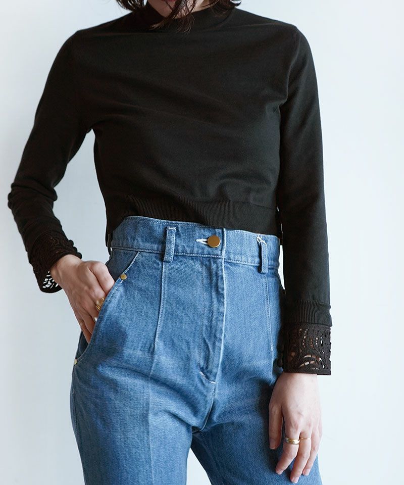 ＜Mame Kurogouchi＞Detachable Embroidery Cuff Knitted Top - black