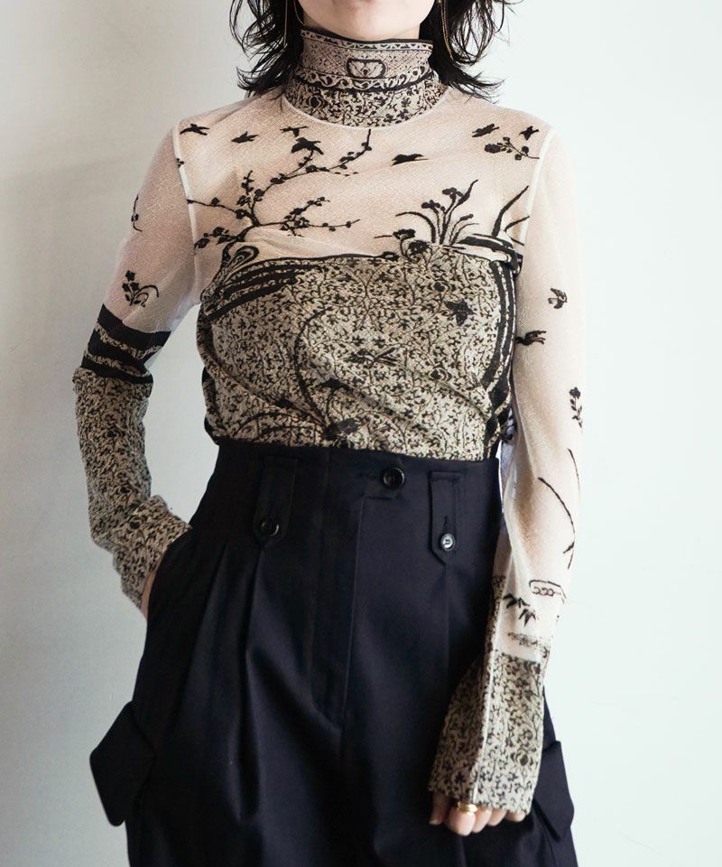◆Mame Kurogouchi マメ クロゴウチ◆Knitted High Neck Top Mame Kurogouchi】Nature Pattern Sheer Knitted High Neck Top
