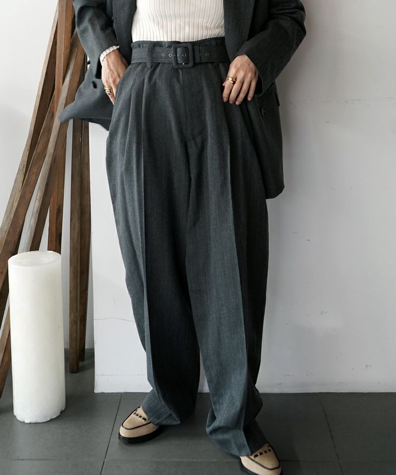 HERRINGBONE BELTED WIDE 2TUCK PANTS