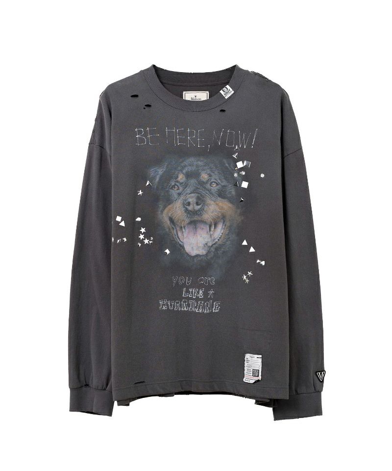 ＜MAISON MIHARAYASUHIRO＞Dog Printed Embellished Distressed Long Sleeve T-shirt