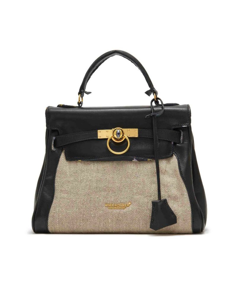 ＜UNDERCOVER＞レザー/リネンコンビフラップハンドバッグ THIRD EYE