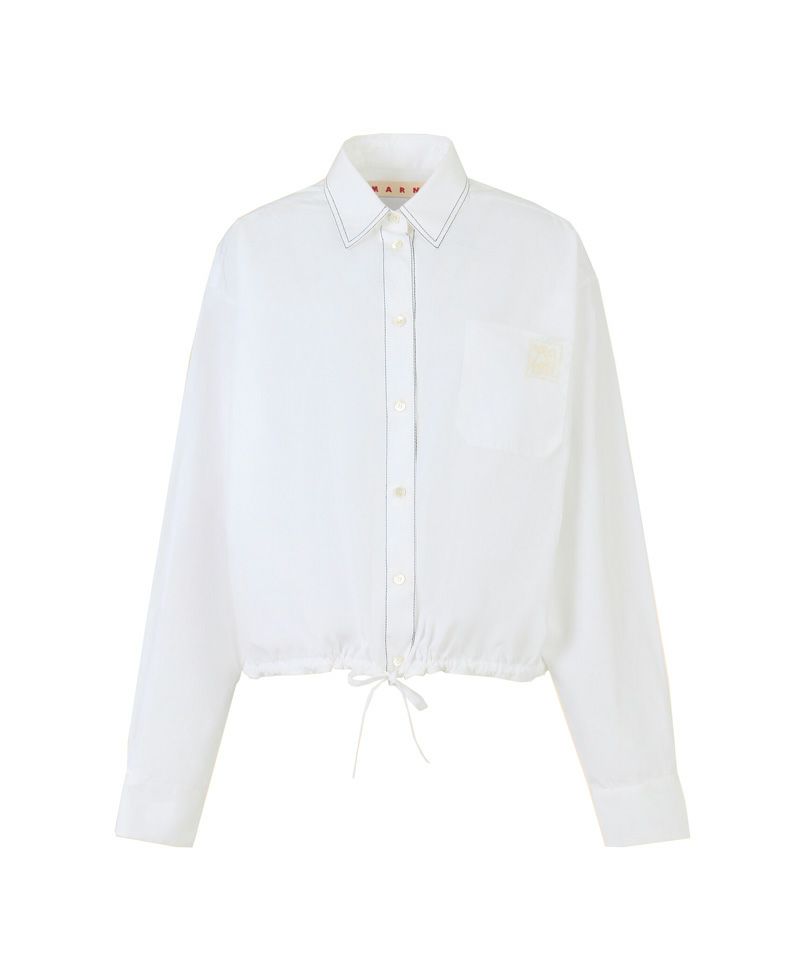 MARNI＞ホワイト ポプリンシャツ ドローストリング クロップドヘム