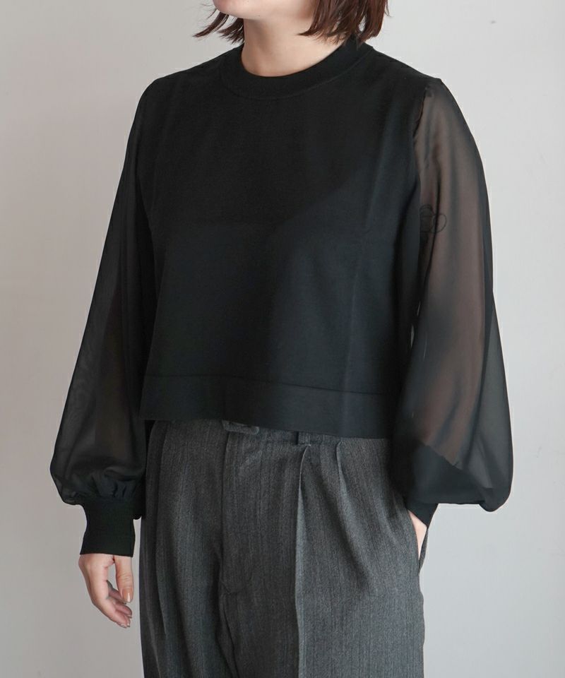 トップス HYKE CROPPED SHEER SLEEVE SWEATER#BLACK HYKE＞SHEER SLEEVES CREW NECK CROPPED KNIT | MAKES ONLINE STORE